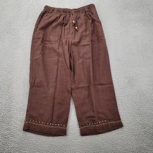 Classic Elements Pants Womens Medium 10/12 Brown Linen Capri Elastic Waist Relax